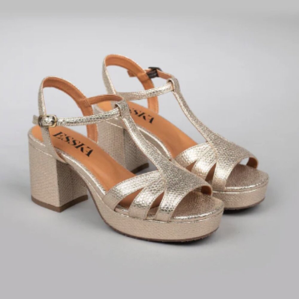 ESSKA Charlie Vegan Embossed Platinum Mid Heel T-bar Sandals 40